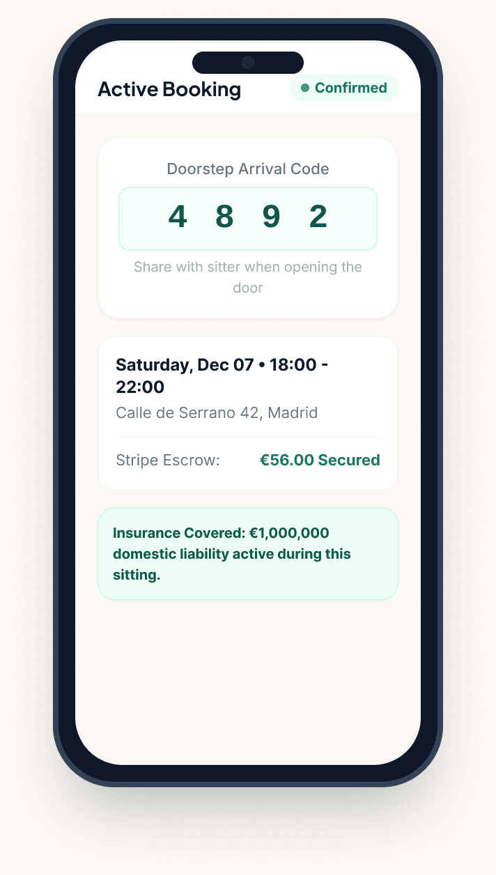Sitluma app “Active Booking” screen showing a 4-digit doorstep arrival code, the booking time and address, €56.00 held in Stripe escrow, and €1,000,000 insurance cover.