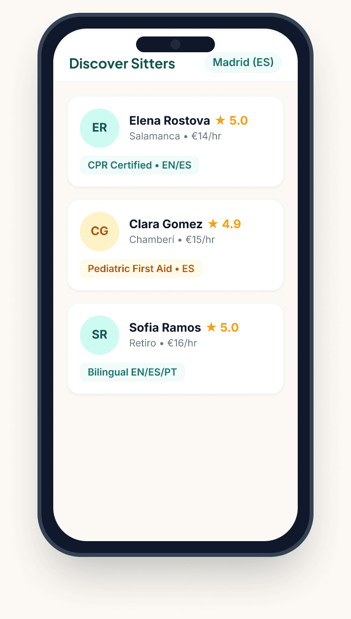 Sitluma app “Discover Sitters” screen for Madrid listing three rated sitters with their neighborhood, hourly rate, and certifications such as CPR and pediatric first aid.